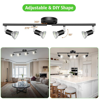 LED Ceiling Light,4 Way Rotatable Spot Lights for Ceiling,Flexible Ceiling Lights for Bedroom,Living Room, Black with Protectiv Bulb Trims(Gu10 Bulbs Not Included)