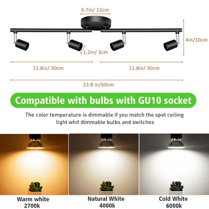 LED Ceiling Light,4 Way Rotatable Spot Lights for Ceiling,Flexible Ceiling Lights for Bedroom,Living Room, Black with Protectiv Bulb Trims(Gu10 Bulbs Not Included)