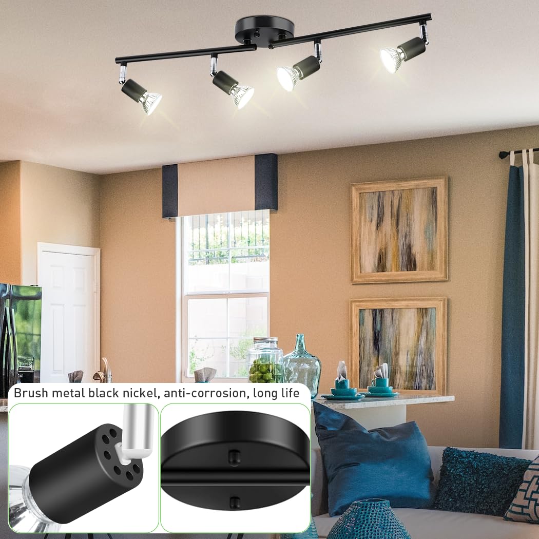 LED Ceiling Light,4 Way Rotatable Spot Lights for Ceiling,Flexible Ceiling Lights for Bedroom,Living Room, Black with Protectiv Bulb Trims(Gu10 Bulbs Not Included)