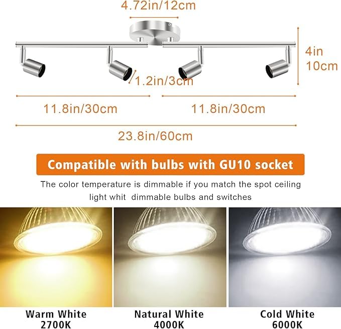 LED Ceiling Light,4 Way Rotatable Spot Lights for Ceiling,Flexible Ceiling Lights for Bedroom,Living Room, Black Nickel with Protectiv Bulb Trims(Gu10 Bulbs Not Included)