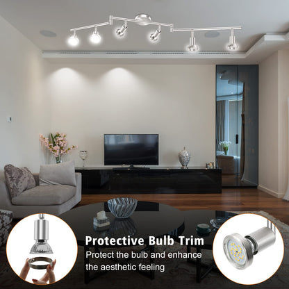LED Ceiling Light 6 Way Rotatable Spot Lights for Ceiling,Flexible Ceiling Lights for Bedroom,Living Room,Nickel with Protectiv Bulb Trims(Gu10 Bulbs Not Included)