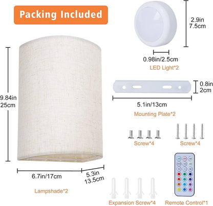 Battery Operated Wall Lights Indoor with Remote, Wireless LED Wall Lights with Fabric Shade, 12 Colors + Day White Changeable Dimmable Wall Lamp for Living Room Bedroom Hallway
