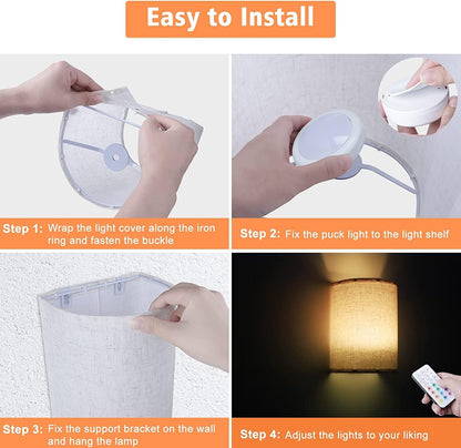 Battery Operated Wall Lights Indoor with Remote, Wireless LED Wall Lights with Fabric Shade, 12 Colors + Day White Changeable Dimmable Wall Lamp for Living Room Bedroom Hallway