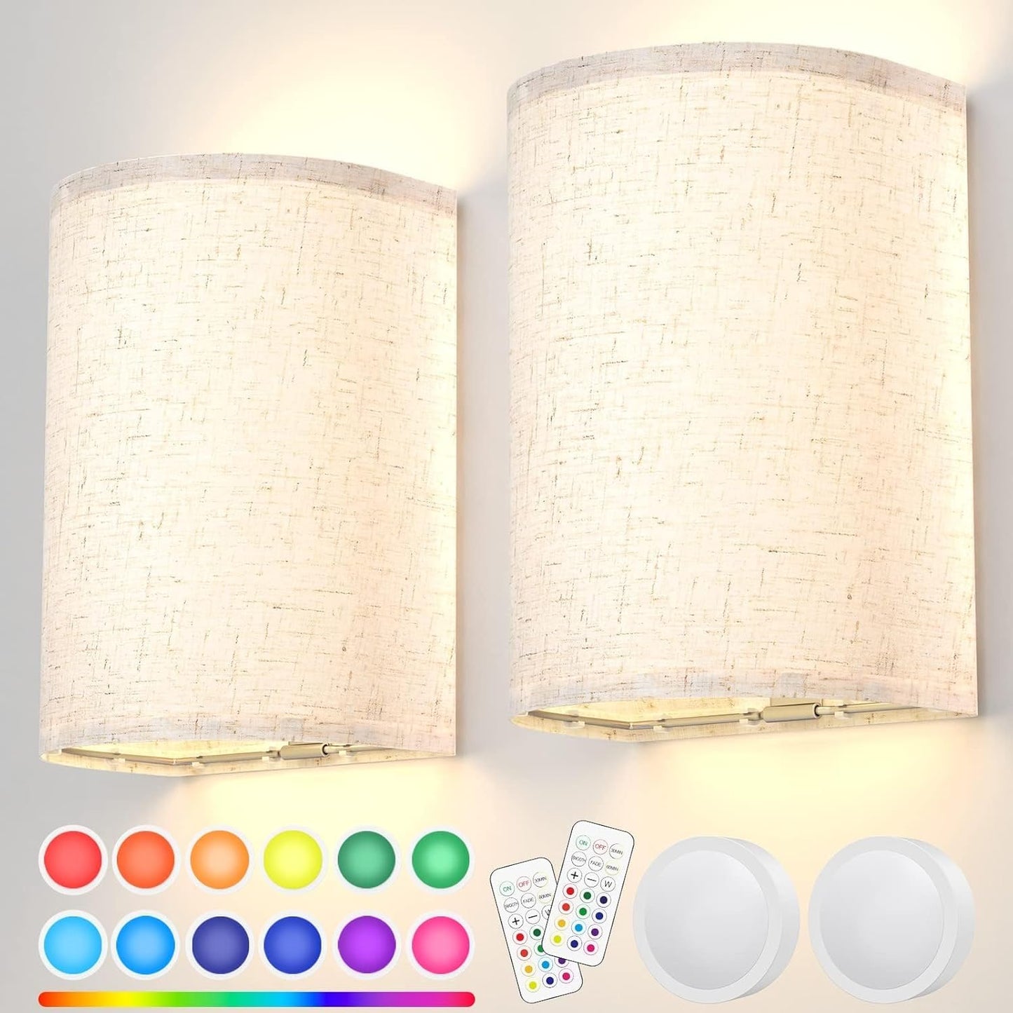 Wall Lights Set of 2, Battery Operated Fabric Sconce with Remote, LED Lamps in RGB+Warm White, Dimmable Timer for Bedroom and Living Room Lighting