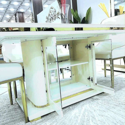 Asta Luxury Tempered Glass Top High Gloss Dining Table with Storage Cabinet