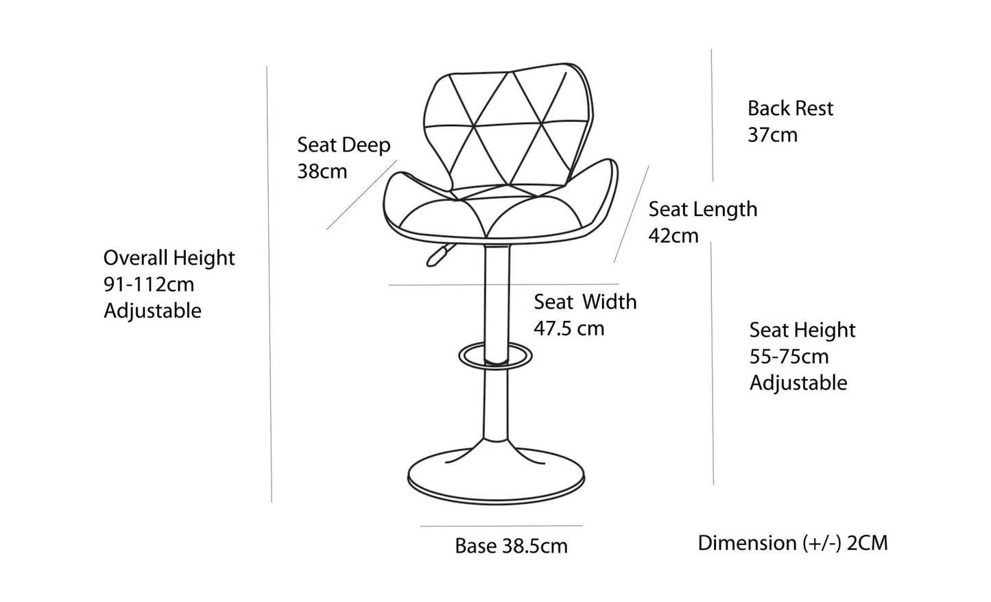 2 Comfortable Bar Stools (Black) w/ Adjustable Height, 90-112cm