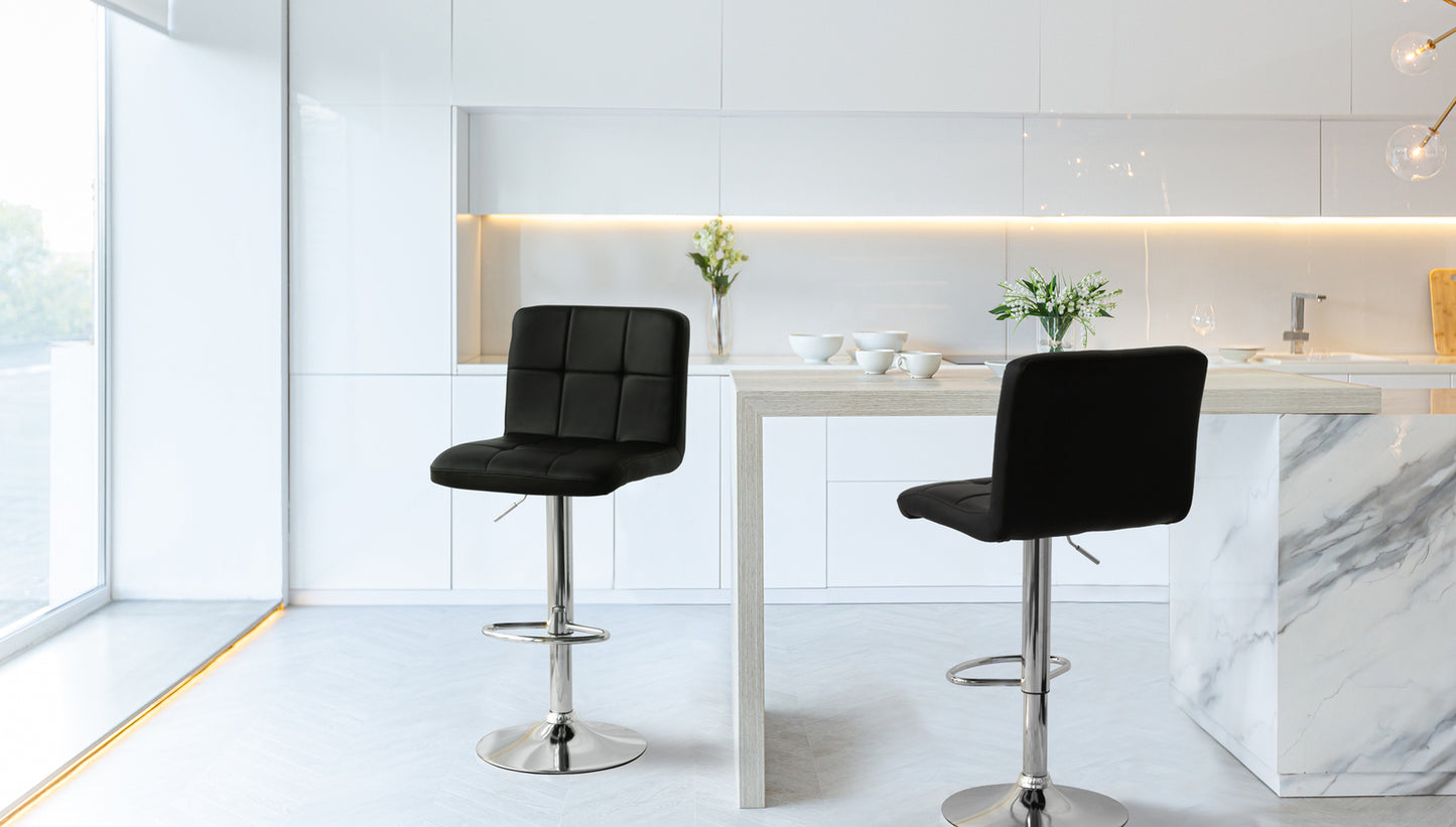 2 Tall Back Paddled Leather Barstools (Black), 90-110cm