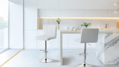 2 Tall Back Paddled Leather Barstools (White), 90-110cm