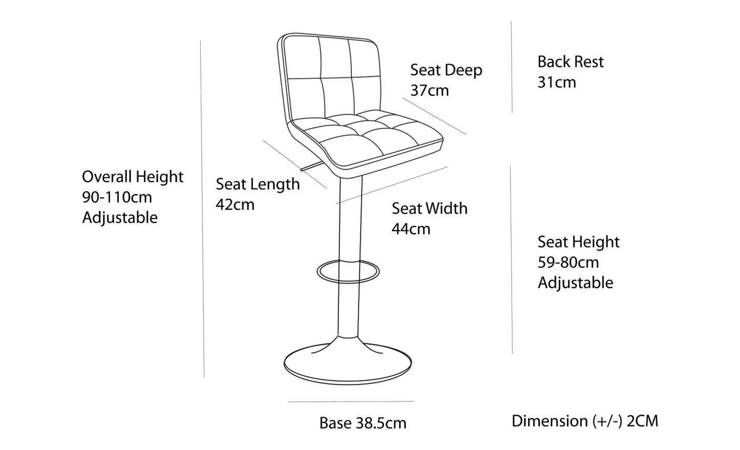 2 Tall Back Paddled Leather Barstools (White), 90-110cm
