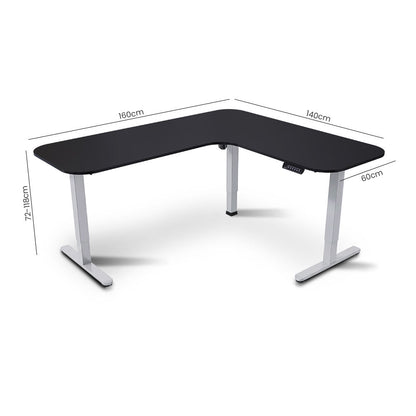 FORTIA Corner Standing Desk, 160x140cm, 72-118cm Sit to Stand Up Electric Height Adjustable, Black Desktop/Silver Frame