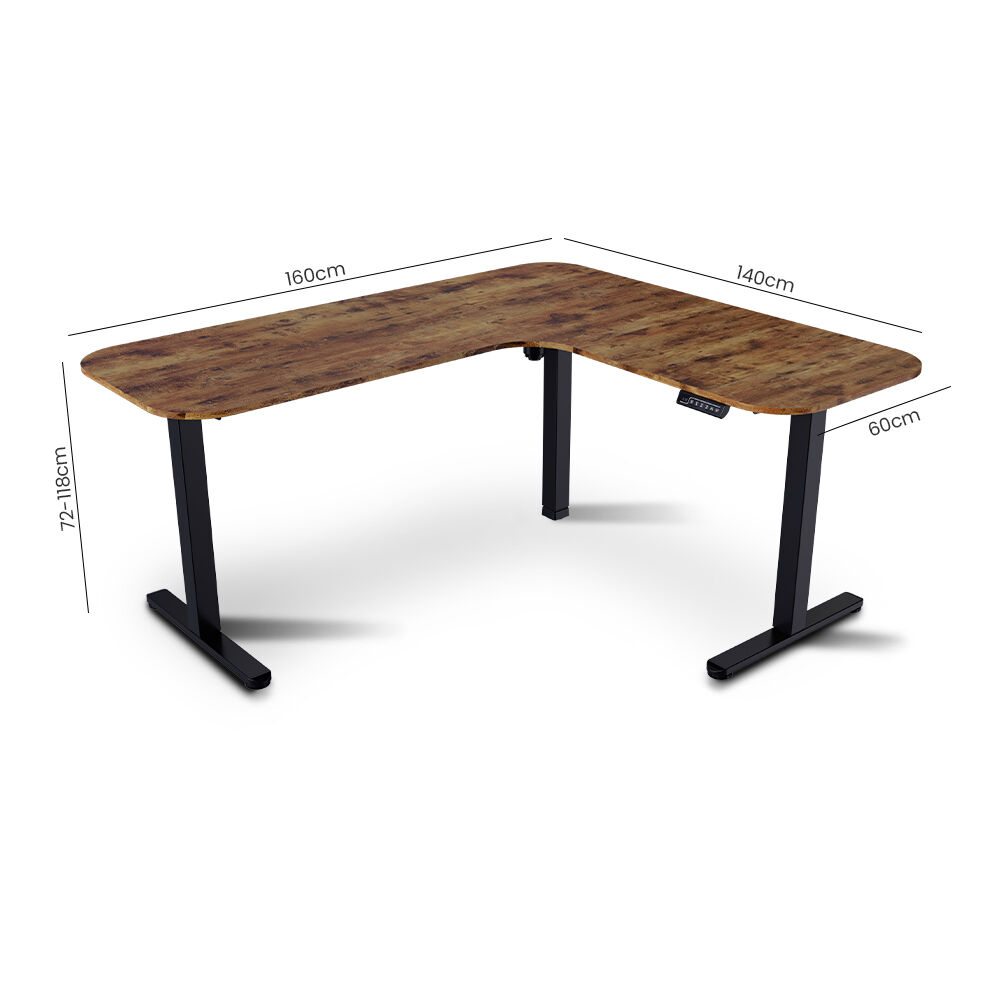 FORTIA Corner Standing Desk, 160x140cm, 72-118cm Sit to Stand Up Electric Height Adjustable, Walnut Style Desktop/Black Frame
