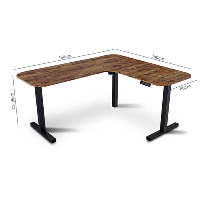 FORTIA Corner Standing Desk, 160x140cm, 72-118cm Sit to Stand Up Electric Height Adjustable, Walnut Style Desktop/Black Frame