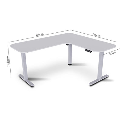 FORTIA Corner Standing Desk, 160x140cm, 72-118cm Sit to Stand Up Electric Height Adjustable, White Desktop/Silver Frame