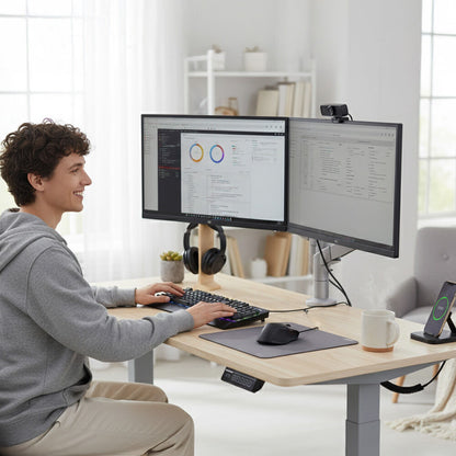 FORTIA Sit To Stand Standing Desk, 120x60cm, 72-118cm Electric Height Adjustable, Light Oak Style Desktop Silver Frame