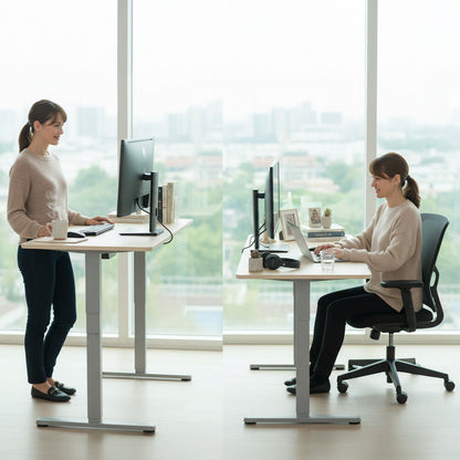 FORTIA Sit To Stand Standing Desk, 120x60cm, 72-118cm Electric Height Adjustable, Light Oak Style Desktop Silver Frame