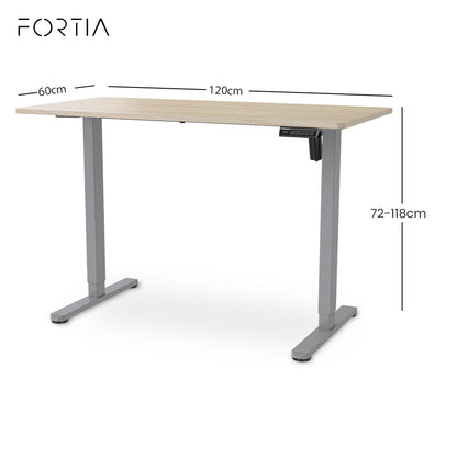 FORTIA Sit To Stand Standing Desk, 120x60cm, 72-118cm Electric Height Adjustable, Light Oak Style Desktop Silver Frame