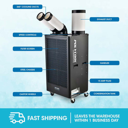 POLYCOOL 4.5kW Portable Industrial Spot Cooler, with Twin Cooling Ducts, 15A Plug