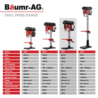 Baumr-AG 600W 12" Pedestal Bench Drill Press, 12 Speeds, 16mm Chuck (DP17)