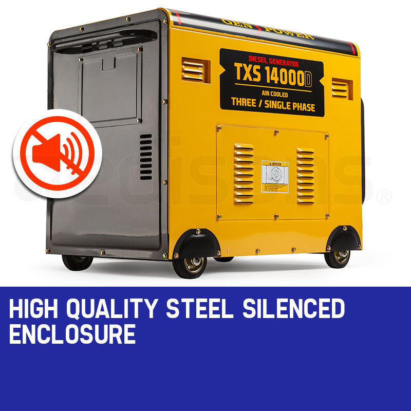 GENPOWER 7kW Peak 5kW Rated Commercial Diesel Generator, Electric Key Start, 1 x 20A 415V 3 Phase, 3 x 15A 240V