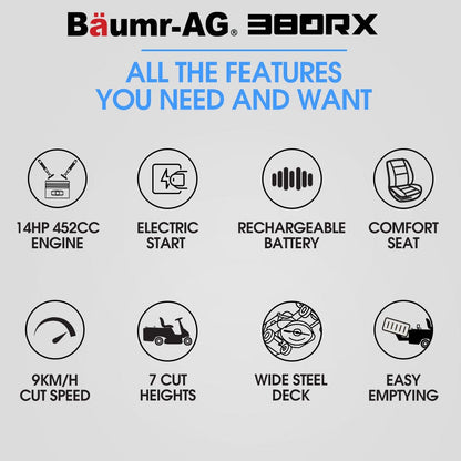 BAUMR-AG 38" Ride On Mower Tractor, Electric Start, 14hp 452cc, Hydrostatic, 100kg Towing, 7 Cut Heights