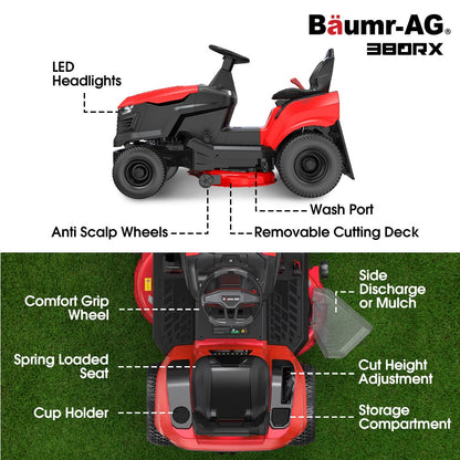 BAUMR-AG 38" Ride On Mower Lawn Tractor, Side Discharge or Mulch, Electric Start, 14hp 452cc, Hydrostatic, 100kg Towing, 7 Cut Heights