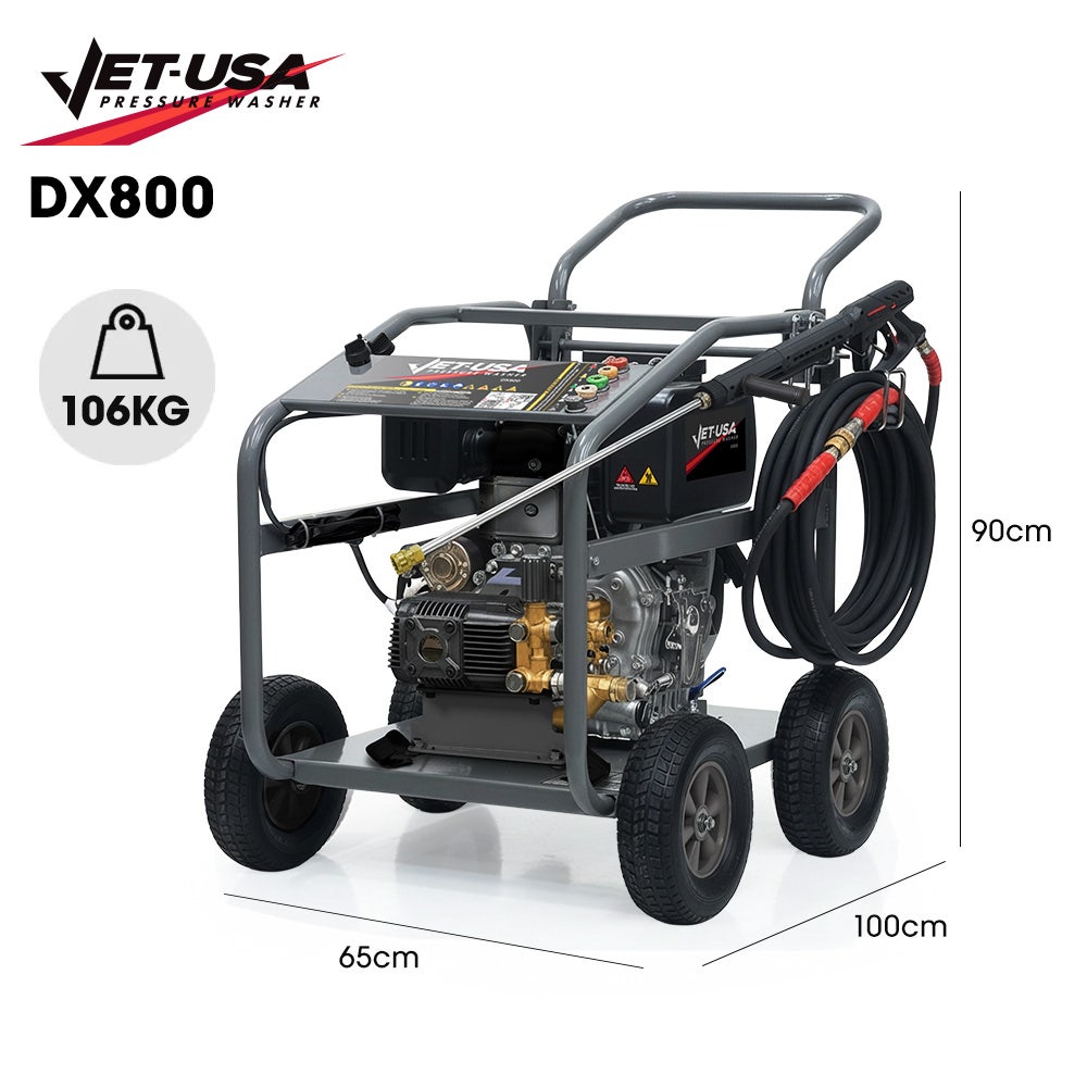 JET-USA Commercial Diesel High-Pressure Washer Cleaner, Electric Start 10hp 418cc, 15m Steel Braided Hose, Adjustable Triplex Pump - DX800