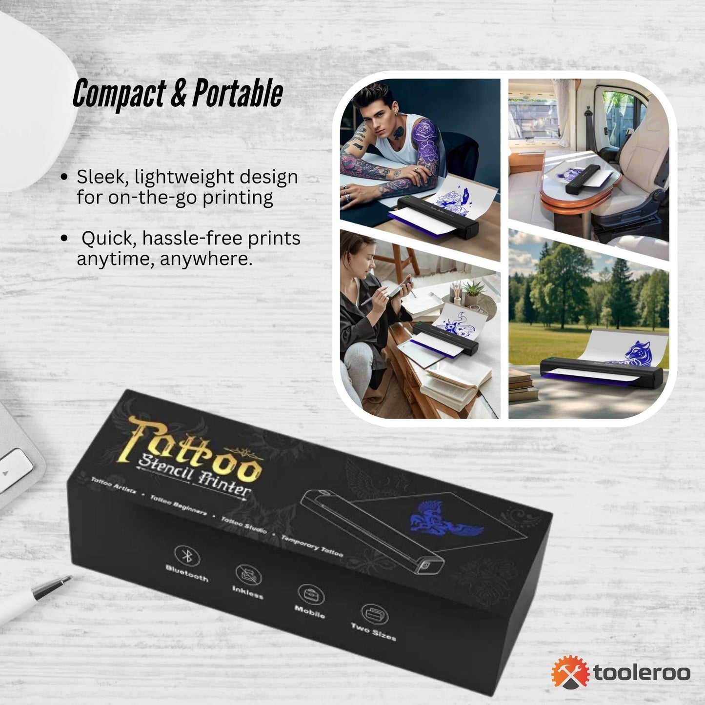 Tooleroo Portable A4 Thermal Printer Black + Tattoo Stencil Paper - Wireless