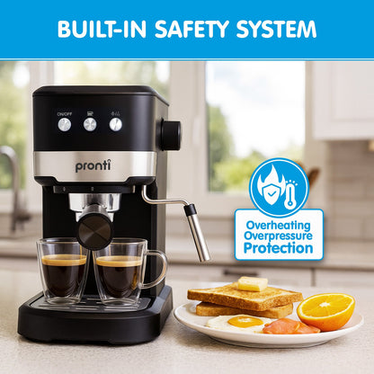 Pronti CM-850D Coffee Machine 20 Bar Espresso Maker with Milk Frother and 1.25L Tank
