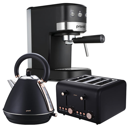 Pronti Breakfast Set with Rose Gold Kettle & Toaster with 1.2L Espresso Machine - Black
