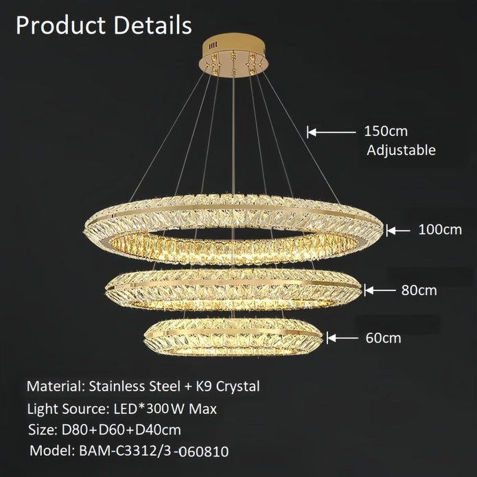BAMDECOR C3312/3 Crystal Chandelier Living Room Chandelier Crystal Chandelier Room Dining Room lamp New Bedroom Lamps Lighting Villa Light Luxury Post (Size:100+80+60cm)