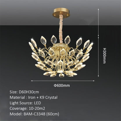 BAMDECOR C3348 Modern Luxury Crystal-leaf Chandelier LED Fashion Creativity Pendant Ceiling Lights(60cm-Gold)