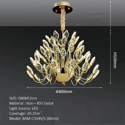 BAMDECOR C3349/1 Modern Luxury Crystal-leaf Chandelier LED Fashion Creativity Pendant Ceiling Lights(80cm-Gold)