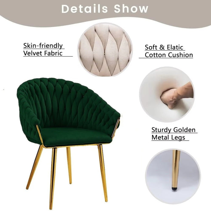 SERENITà Emerald Green Modern Velvet Dining Chairs, Upholstered Living Room Chair with Woven Back and Golden Metal Legs, Mid-Century Accent Set of 2(GREEN)