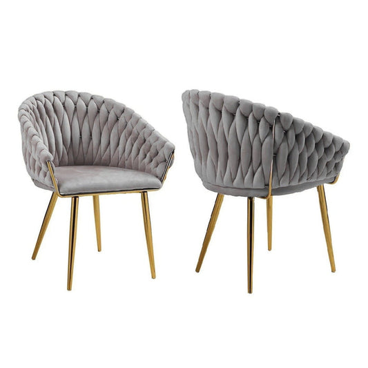 SERENITà Grey Modern Velvet Dining Chairs, Upholstered Living Room Chair with Woven Back and Golden Metal Legs, Mid-Century Accent Set of 2(Grey)