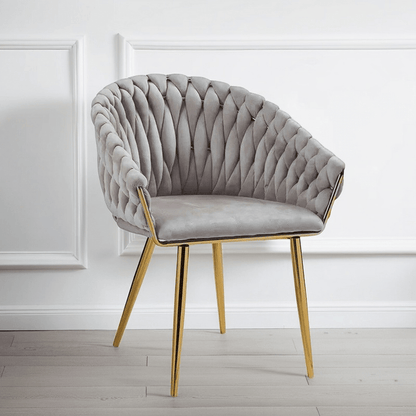 SERENITà Grey Modern Velvet Dining Chairs, Upholstered Living Room Chair with Woven Back and Golden Metal Legs, Mid-Century Accent Set of 2(Grey)