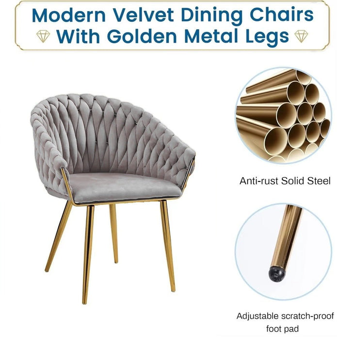 SERENITà Grey Modern Velvet Dining Chairs, Upholstered Living Room Chair with Woven Back and Golden Metal Legs, Mid-Century Accent Set of 2(Grey)