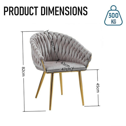 SERENITà Grey Modern Velvet Dining Chairs, Upholstered Living Room Chair with Woven Back and Golden Metal Legs, Mid-Century Accent Set of 2(Grey)