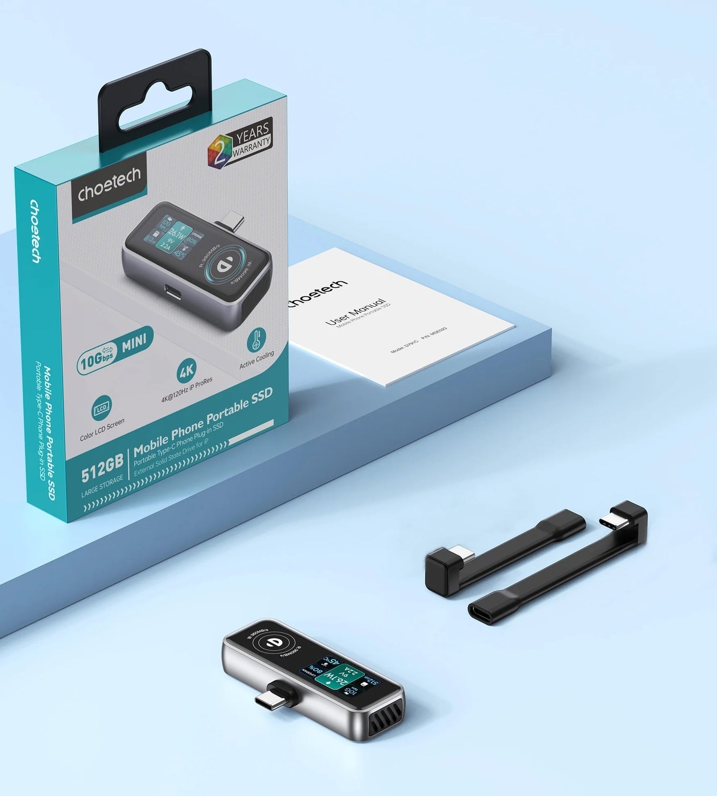 CHOETECH MSE023 Mobile Phone 512GB Portable SSD 10Gbps, Cooling Fan, for Phone Use