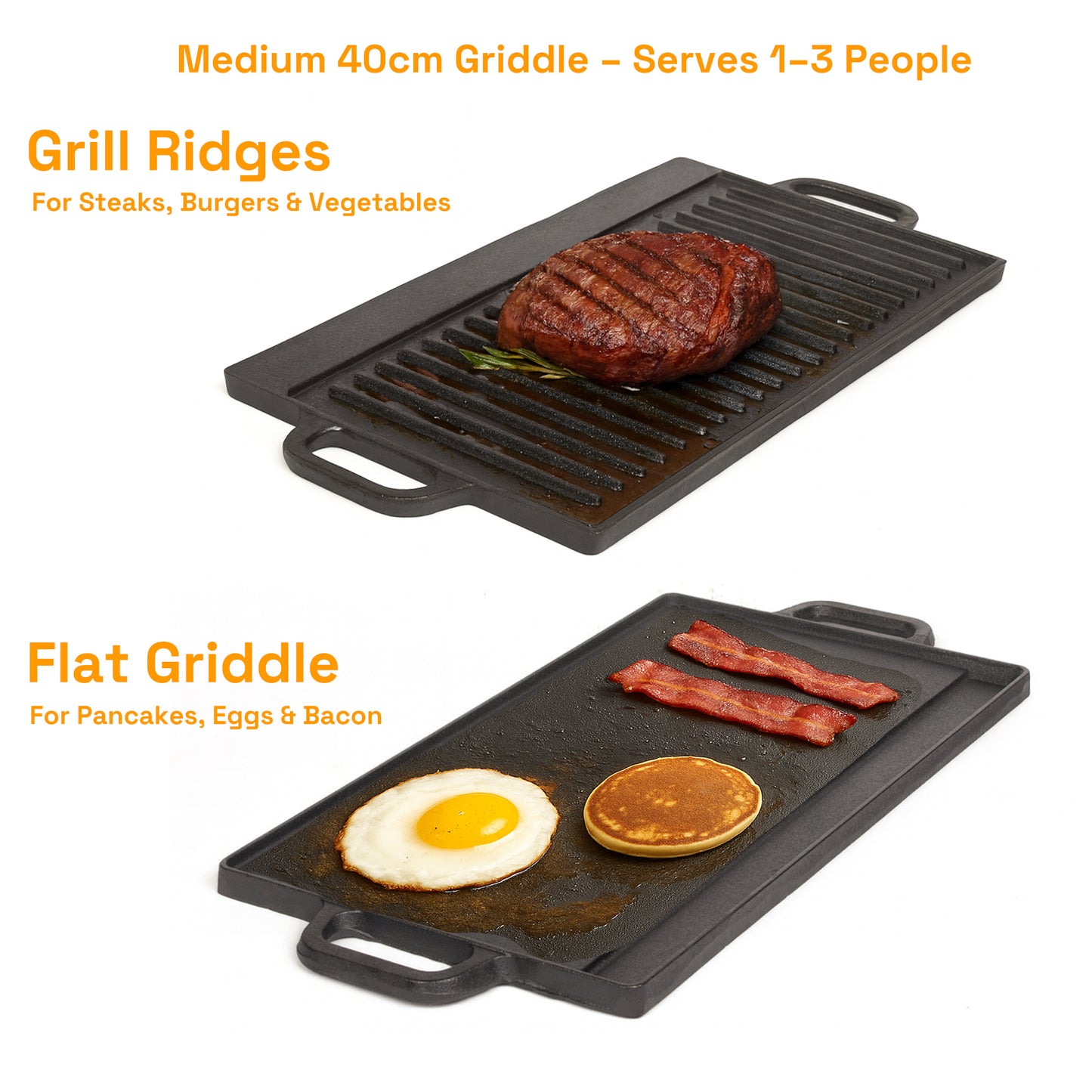 40 cm Reversible Cast Iron Grill & Griddle -Dual-Sided (Flat & Ribbed), Pre-Seasoned, Handles, for Stove-Top & Outdoor Use