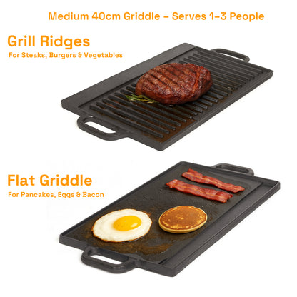 40 cm Reversible Cast Iron Grill & Griddle -Dual-Sided (Flat & Ribbed), Pre-Seasoned, Handles, for Stove-Top & Outdoor Use