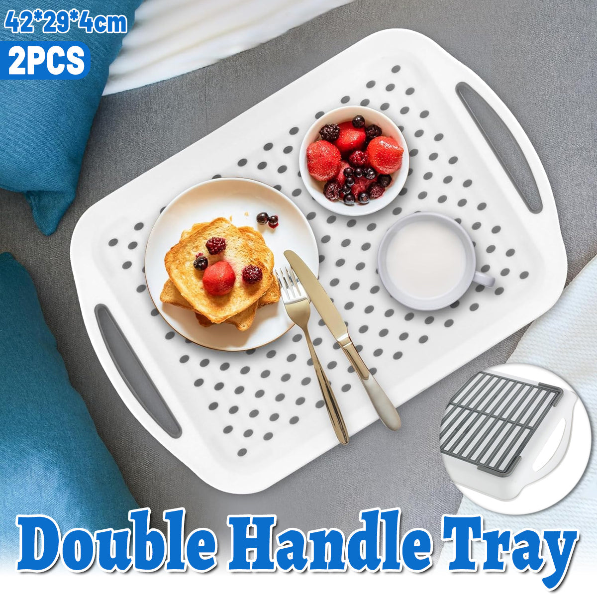 2PCS Rectangular Serving Tray Double Handle Non Slip TPR Kitchen Display Plate