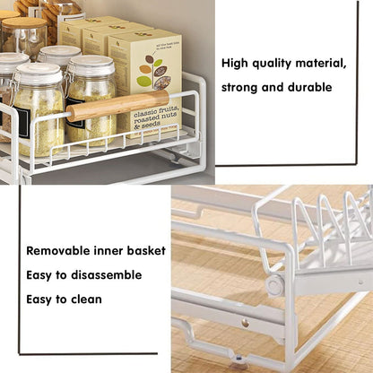 Pull Out Kitchen Storage Rack Basket Drawer Dish Organizer Slide Cabinet Shelf - White