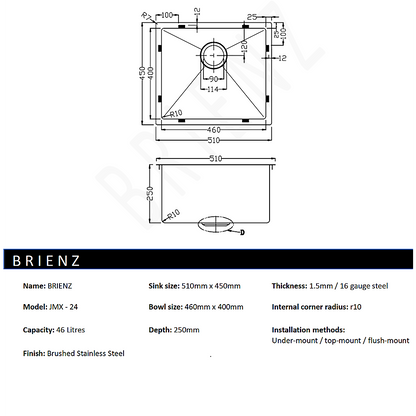 510x450mm Handmade Stainless Steel Undermount / Topmount Kitchen Laundry Sink with Waste