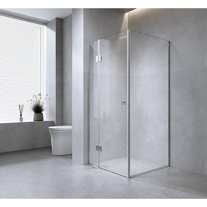 100x70cm Corner Frameless Shower Screen – Nickel Wall & Floor Channel with Brass Hinges & Round Knob Handle