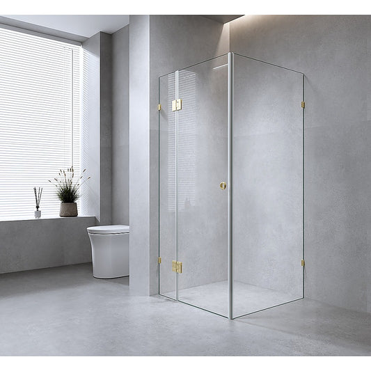 120x120cm Corner Frameless Shower Screen with Gold Brackets and SS Hinges, Round Handle