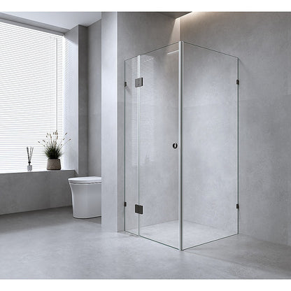 110x110cm Corner Frameless Shower Screen with Gold Brackets and Brass Hinges, Round Handle