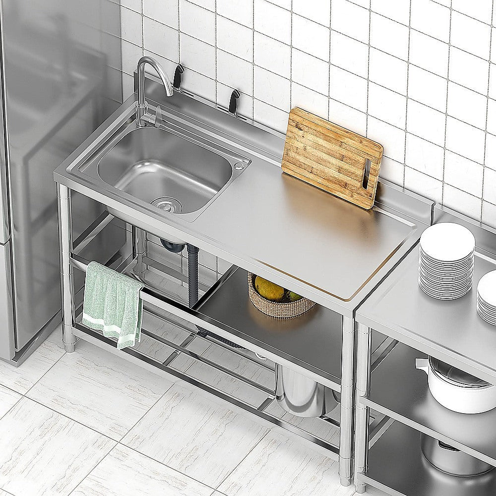 Freestanding Stainless Steel Kitchen Sink 120x50x79cm – Commercial Utility Wash Basin