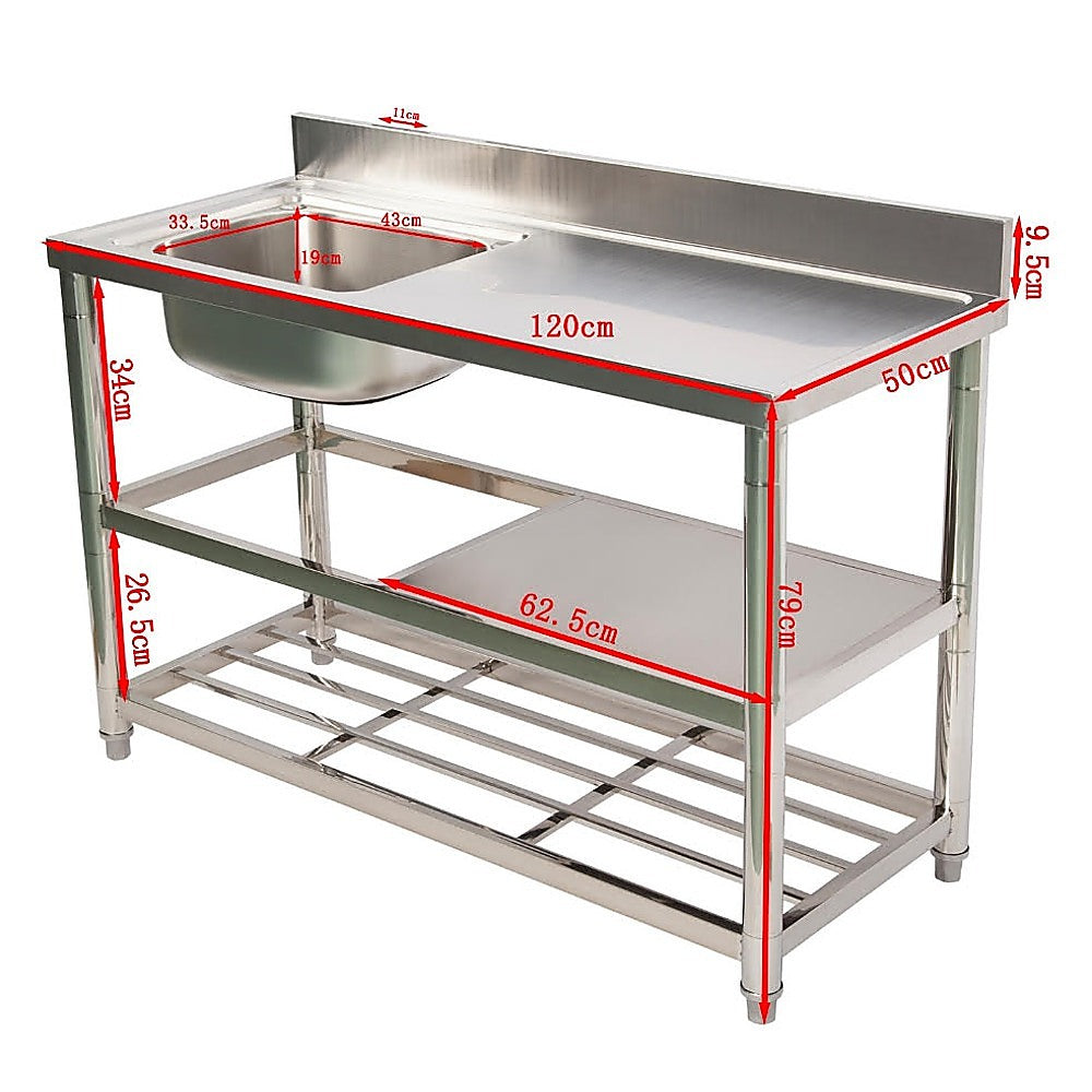 Freestanding Stainless Steel Kitchen Sink 120x50x79cm – Commercial Utility Wash Basin