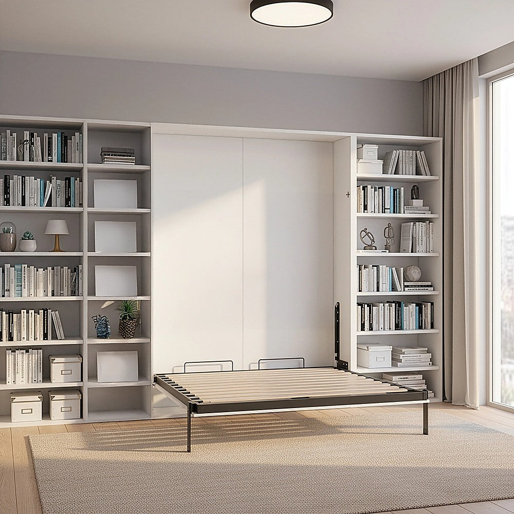 Double Wall Bed in White Gloss – Space Saving Murphy Bed Kit with Black Door Handle