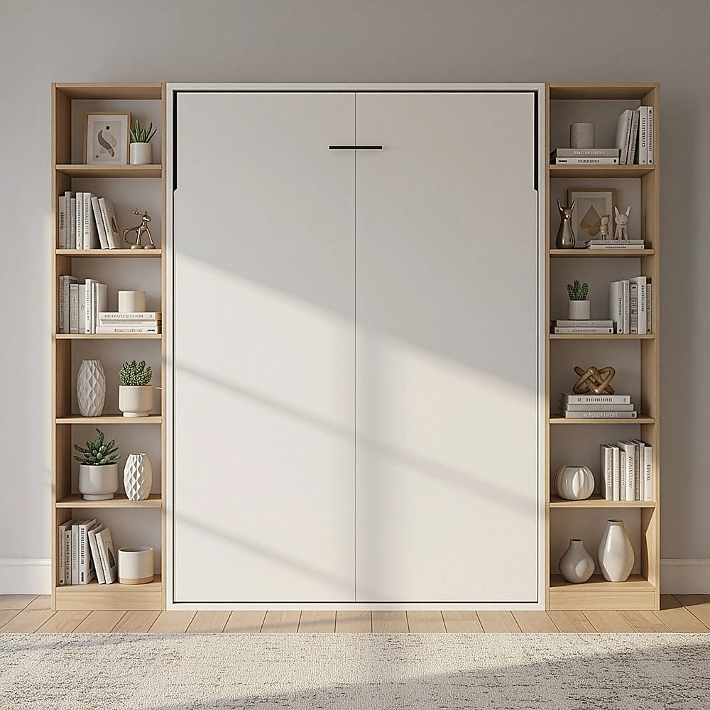 Double Wall Bed in White – Space Saving Murphy Bed Kit with Black Door Handle